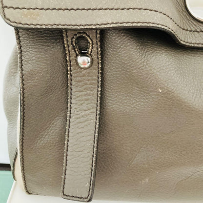 Saint Laurent Hand Bag Tote Purse Muse Toe Leather Canvas Greige Authentic