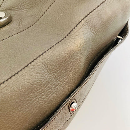 Saint Laurent Hand Bag Tote Purse Muse Toe Leather Canvas Greige Authentic