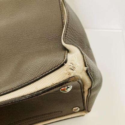 Saint Laurent Hand Bag Tote Purse Muse Toe Leather Canvas Greige Authentic