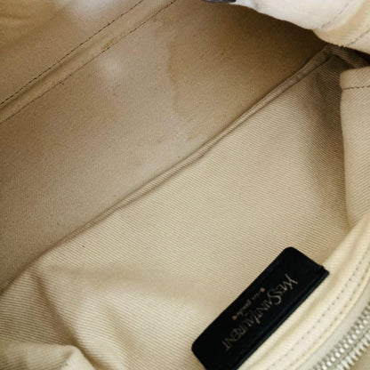 Saint Laurent Hand Bag Tote Purse Muse Toe Leather Canvas Greige Authentic