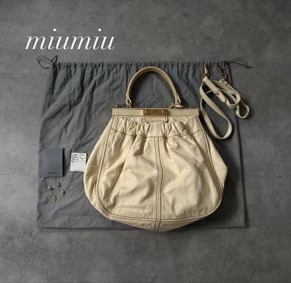 Miu Miu Hand Shoulder Bag Tote Purse 2way Leather Beige Authentic