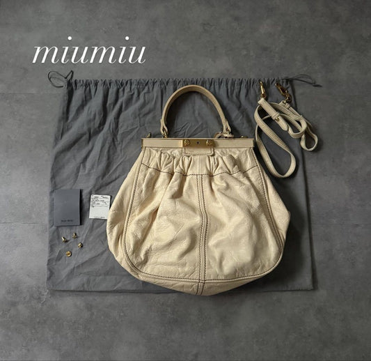 Miu Miu Hand Shoulder Bag Tote Purse 2way Leather Beige Authentic