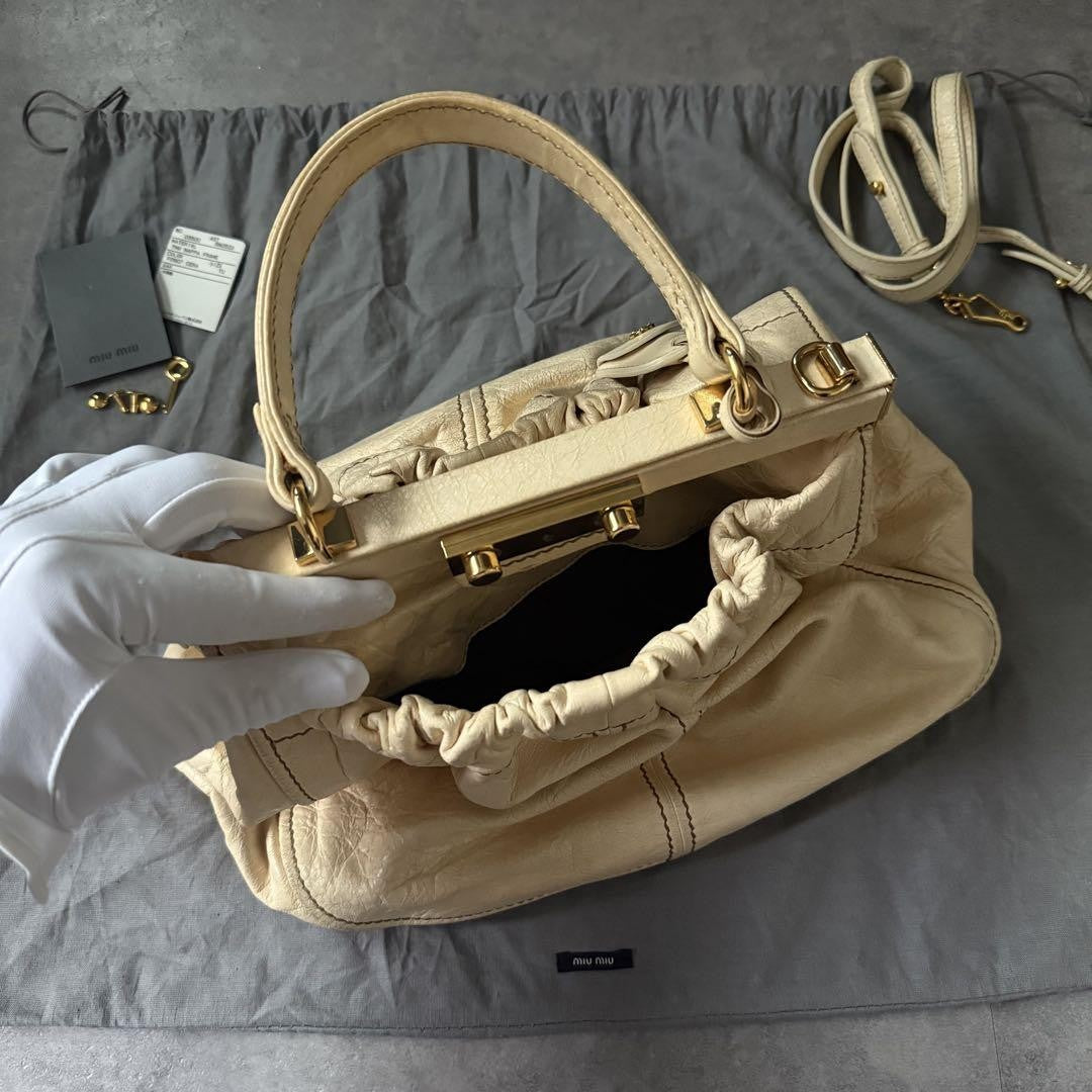 Miu Miu Hand Shoulder Bag Tote Purse 2way Leather Beige Authentic