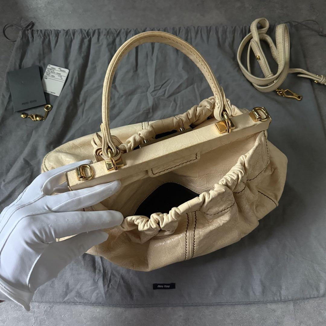 Miu Miu Hand Shoulder Bag Tote Purse 2way Leather Beige Authentic