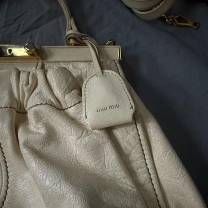 Miu Miu Hand Shoulder Bag Tote Purse 2way Leather Beige Authentic