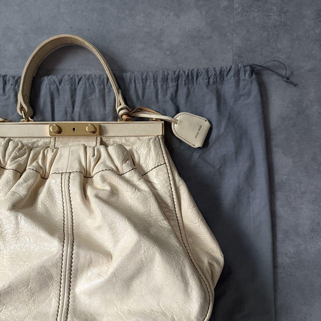 Miu Miu Hand Shoulder Bag Tote Purse 2way Leather Beige Authentic