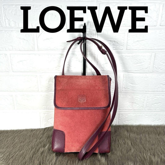 LOEWE Shoulder Bag Purse Anagram Suede Bordeaux Authentic