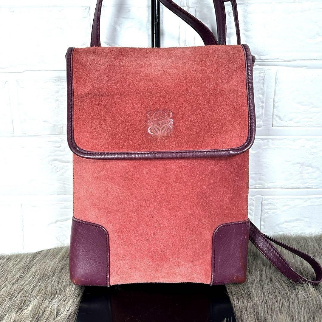 LOEWE Shoulder Bag Purse Anagram Suede Bordeaux Authentic