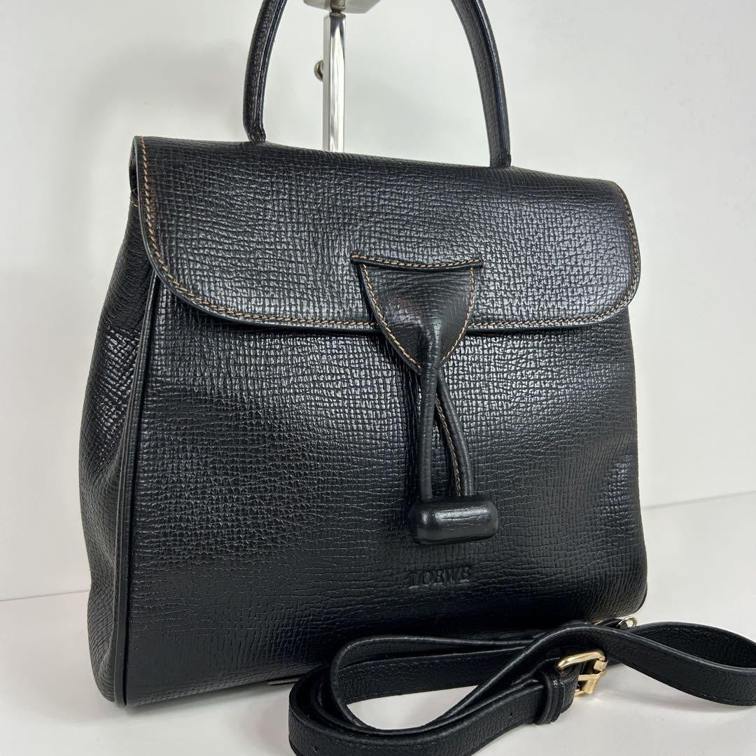 LOEWE Hand Shoulder Bag Tote Purse 2way Logo Leather Black Authentic
