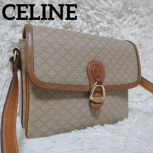 CELINE Shoulder Bag Purse Macadam PVC Leather Beige Brown Authentic