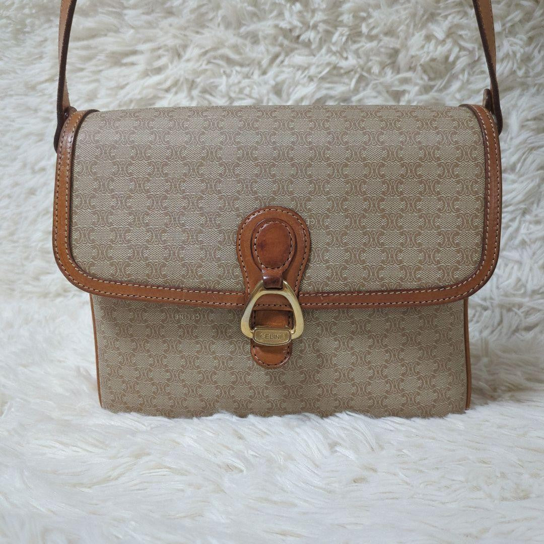 CELINE Shoulder Bag Purse Macadam PVC Leather Beige Brown Authentic