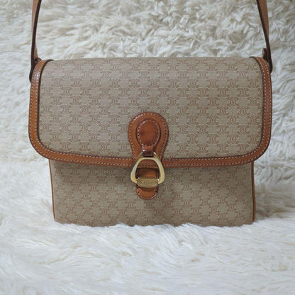CELINE Shoulder Bag Purse Macadam PVC Leather Beige Brown Authentic