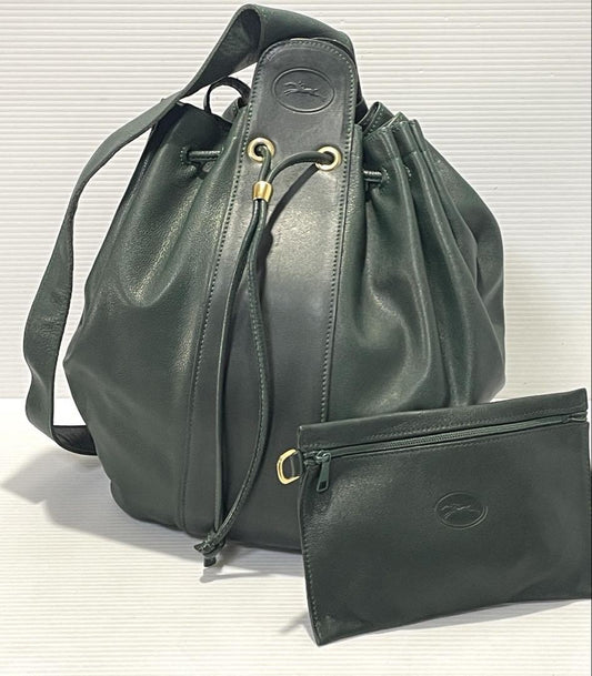 Longchamp shoulder bag Purse Green Grained Leather Used Women's Authentic