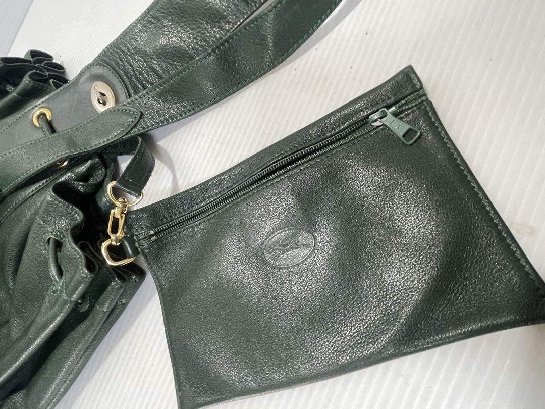 Longchamp shoulder bag Purse Green Grained Leather Used Women's Authentic