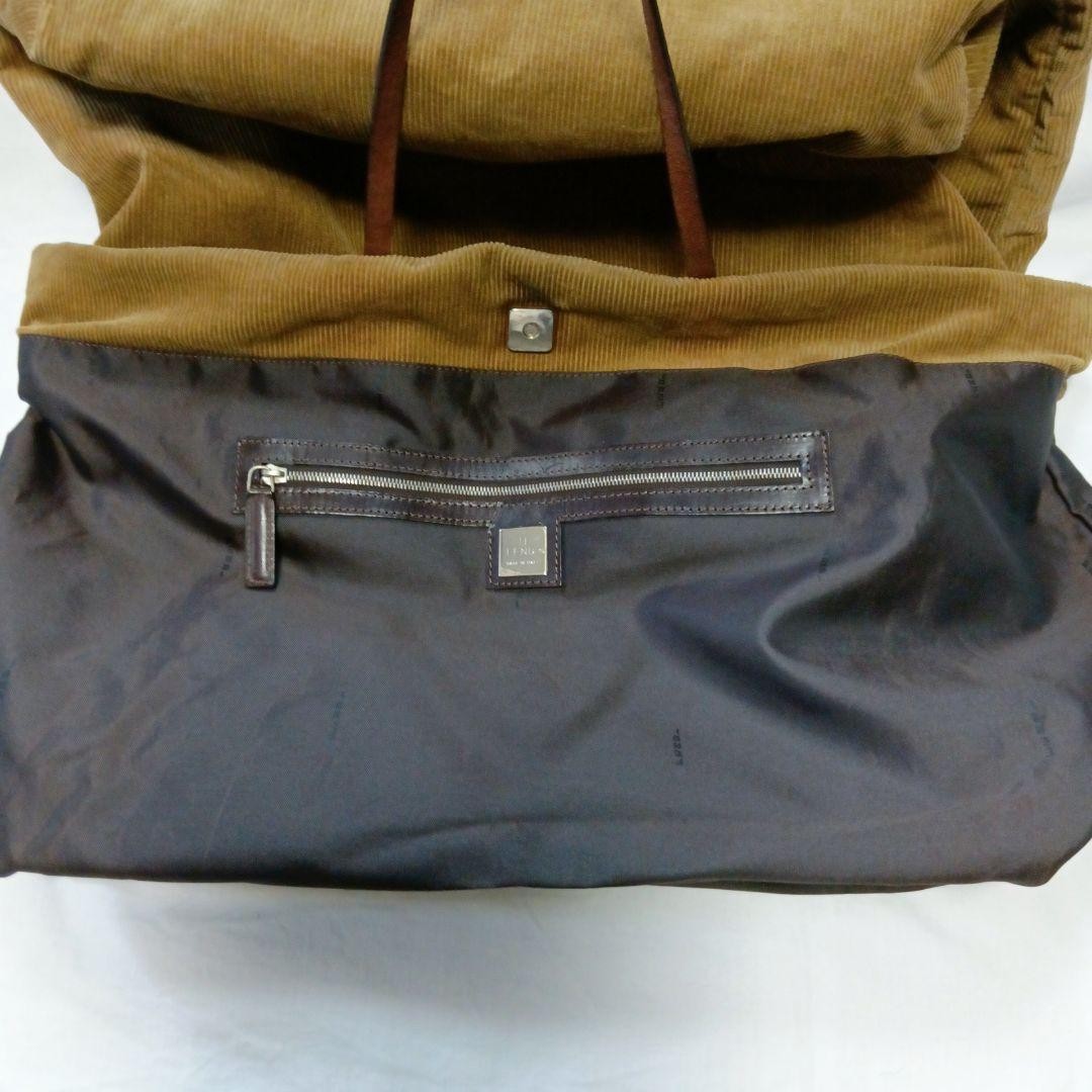 FENDI Hand Bag Tote Purse Corduroy Canvas Leather Beige Brown Authentic
