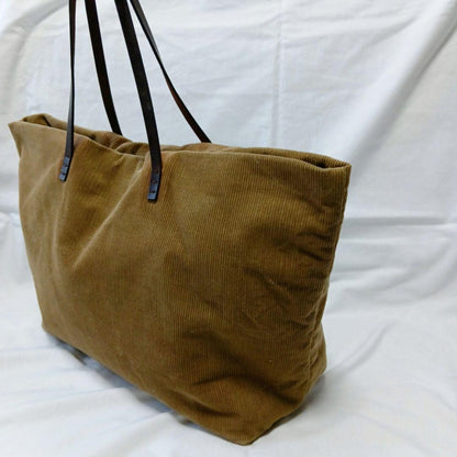 FENDI Hand Bag Tote Purse Corduroy Canvas Leather Beige Brown Authentic