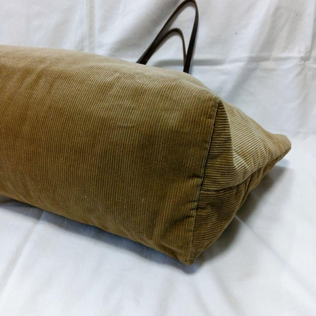 FENDI Hand Bag Tote Purse Corduroy Canvas Leather Beige Brown Authentic