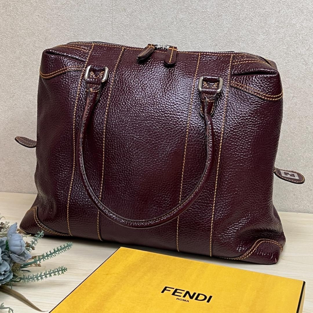 FENDI Hand Bag Tote Purse Leather Bordeaux Authentic