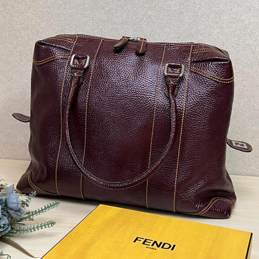 FENDI Hand Bag Tote Purse Leather Bordeaux Authentic