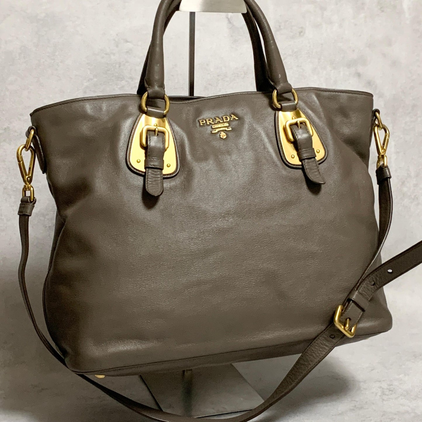 PRADA Bag Logo Shoulder Hand Tote Purse Leather Gray Gold Used Authentic