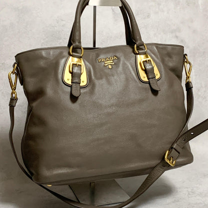 PRADA Bag Logo Shoulder Hand Tote Purse Leather Gray Gold Used Authentic