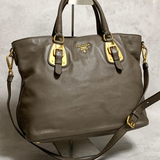 PRADA Bag Logo Shoulder Hand Tote Purse Leather Gray Gold Used Authentic