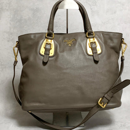 PRADA Bag Logo Shoulder Hand Tote Purse Leather Gray Gold Used Authentic