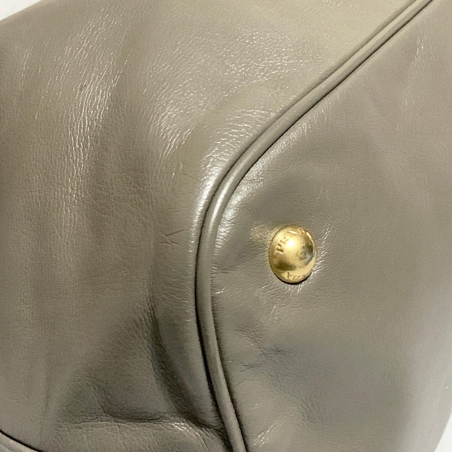 PRADA Bag Logo Shoulder Hand Tote Purse Leather Gray Gold Used Authentic