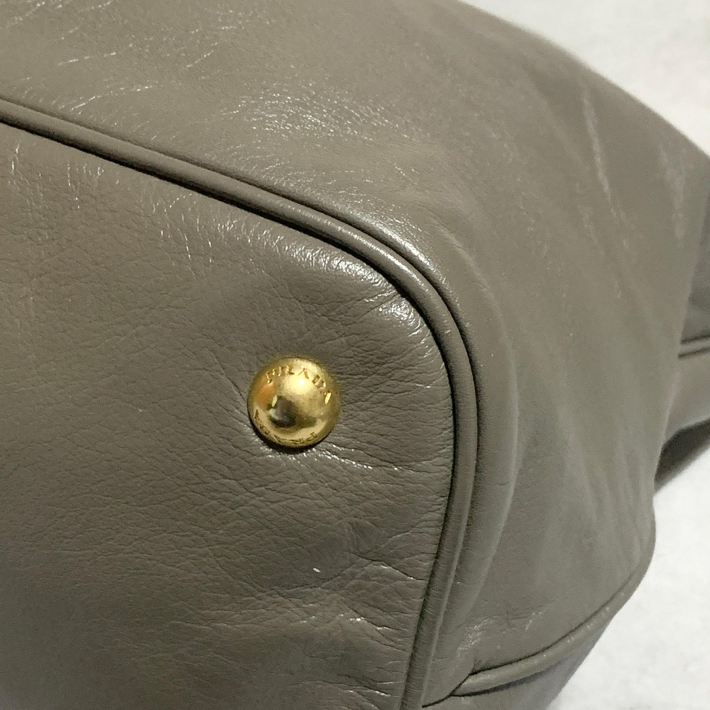 PRADA Bag Logo Shoulder Hand Tote Purse Leather Gray Gold Used Authentic