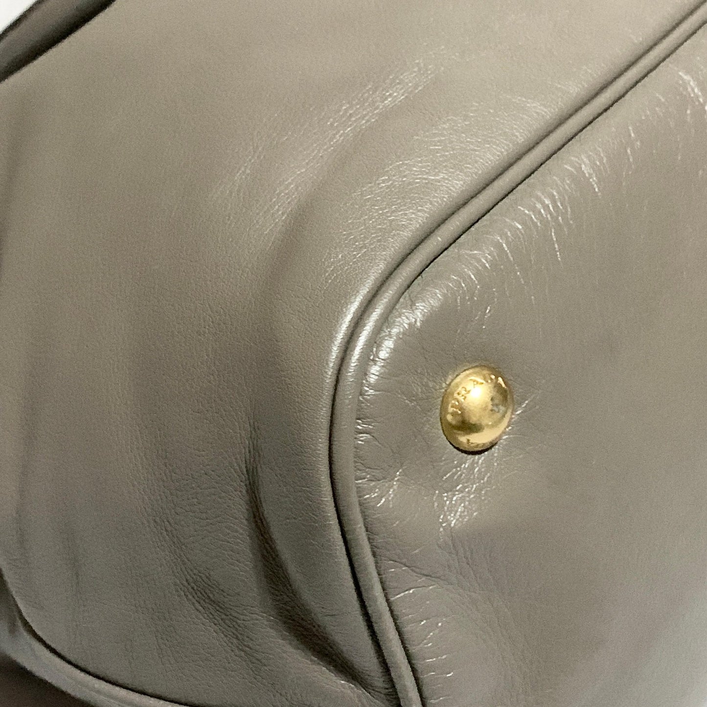 PRADA Bag Logo Shoulder Hand Tote Purse Leather Gray Gold Used Authentic