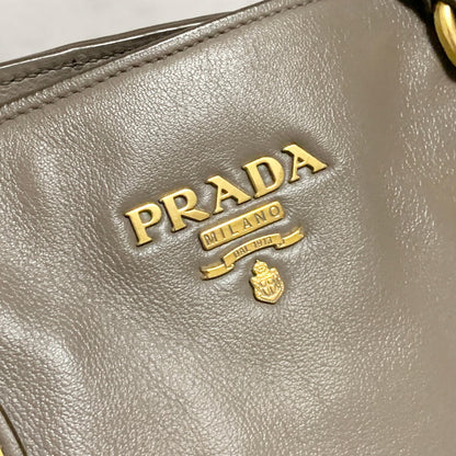 PRADA Bag Logo Shoulder Hand Tote Purse Leather Gray Gold Used Authentic