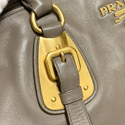 PRADA Bag Logo Shoulder Hand Tote Purse Leather Gray Gold Used Authentic