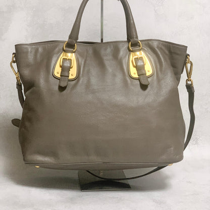 PRADA Bag Logo Shoulder Hand Tote Purse Leather Gray Gold Used Authentic