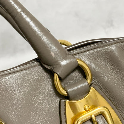 PRADA Bag Logo Shoulder Hand Tote Purse Leather Gray Gold Used Authentic