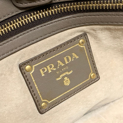 PRADA Bag Logo Shoulder Hand Tote Purse Leather Gray Gold Used Authentic