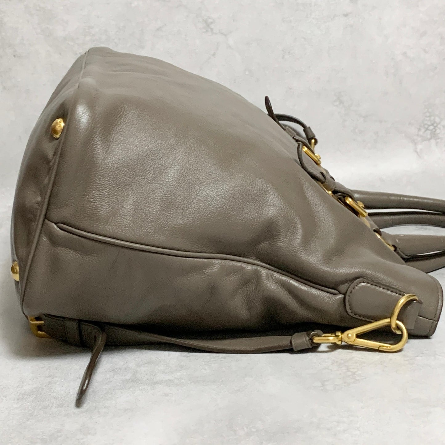 PRADA Bag Logo Shoulder Hand Tote Purse Leather Gray Gold Used Authentic