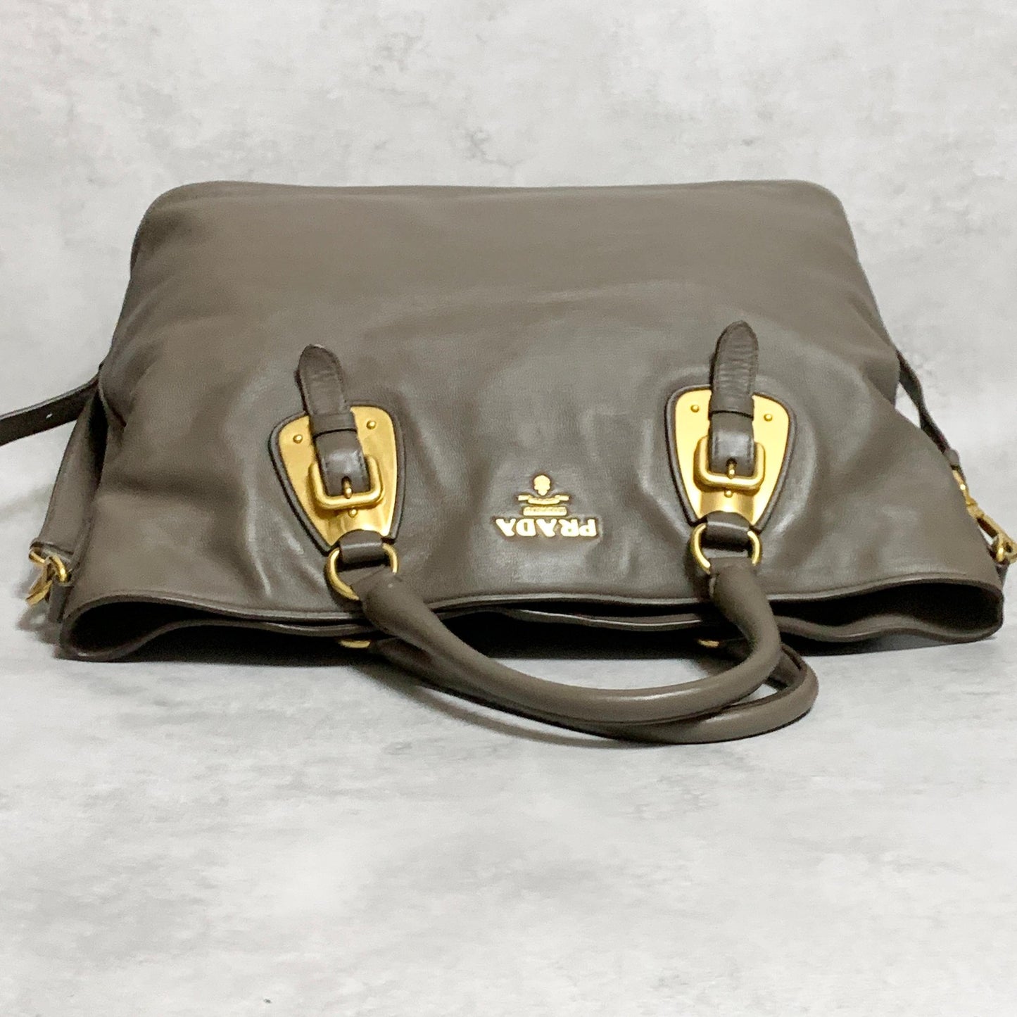 PRADA Bag Logo Shoulder Hand Tote Purse Leather Gray Gold Used Authentic