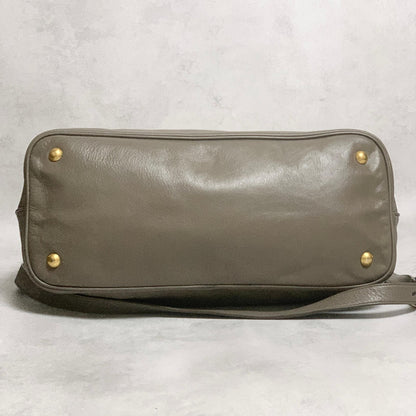 PRADA Bag Logo Shoulder Hand Tote Purse Leather Gray Gold Used Authentic