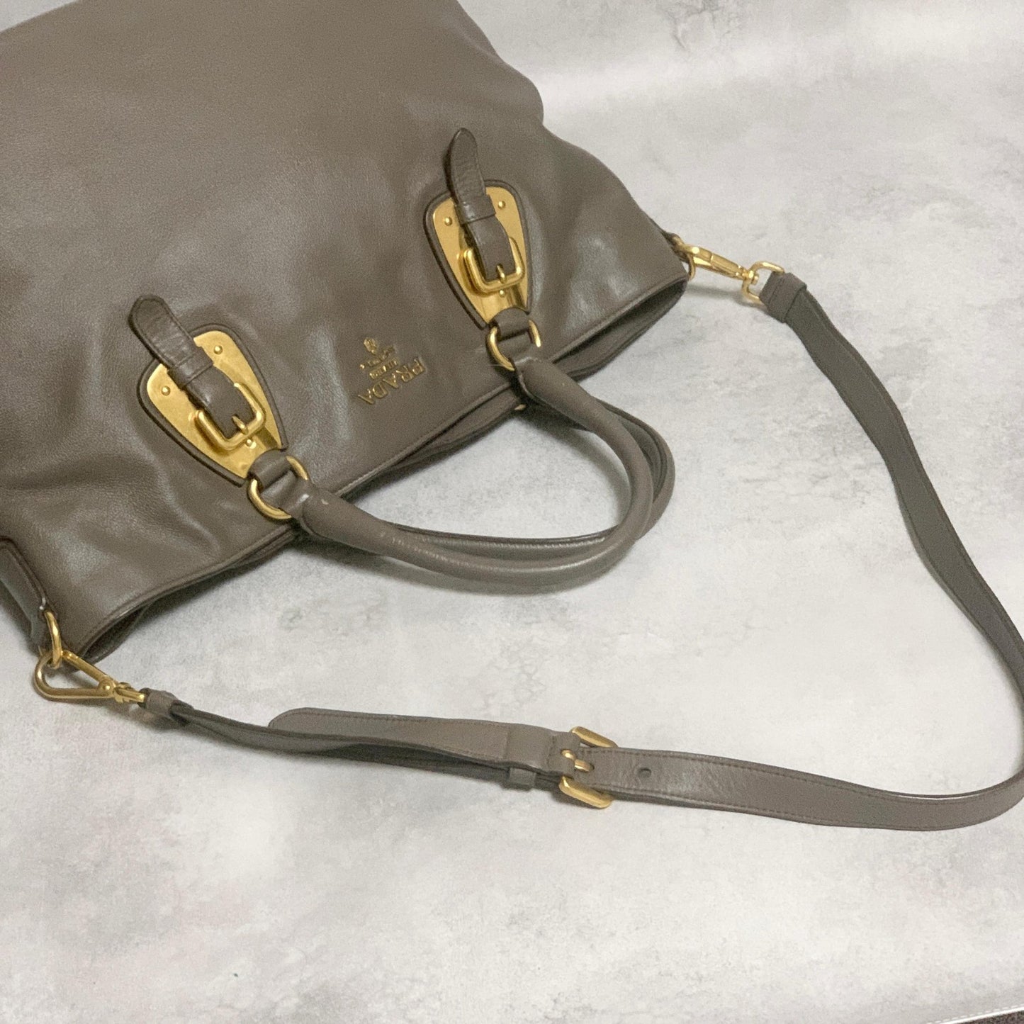PRADA Bag Logo Shoulder Hand Tote Purse Leather Gray Gold Used Authentic