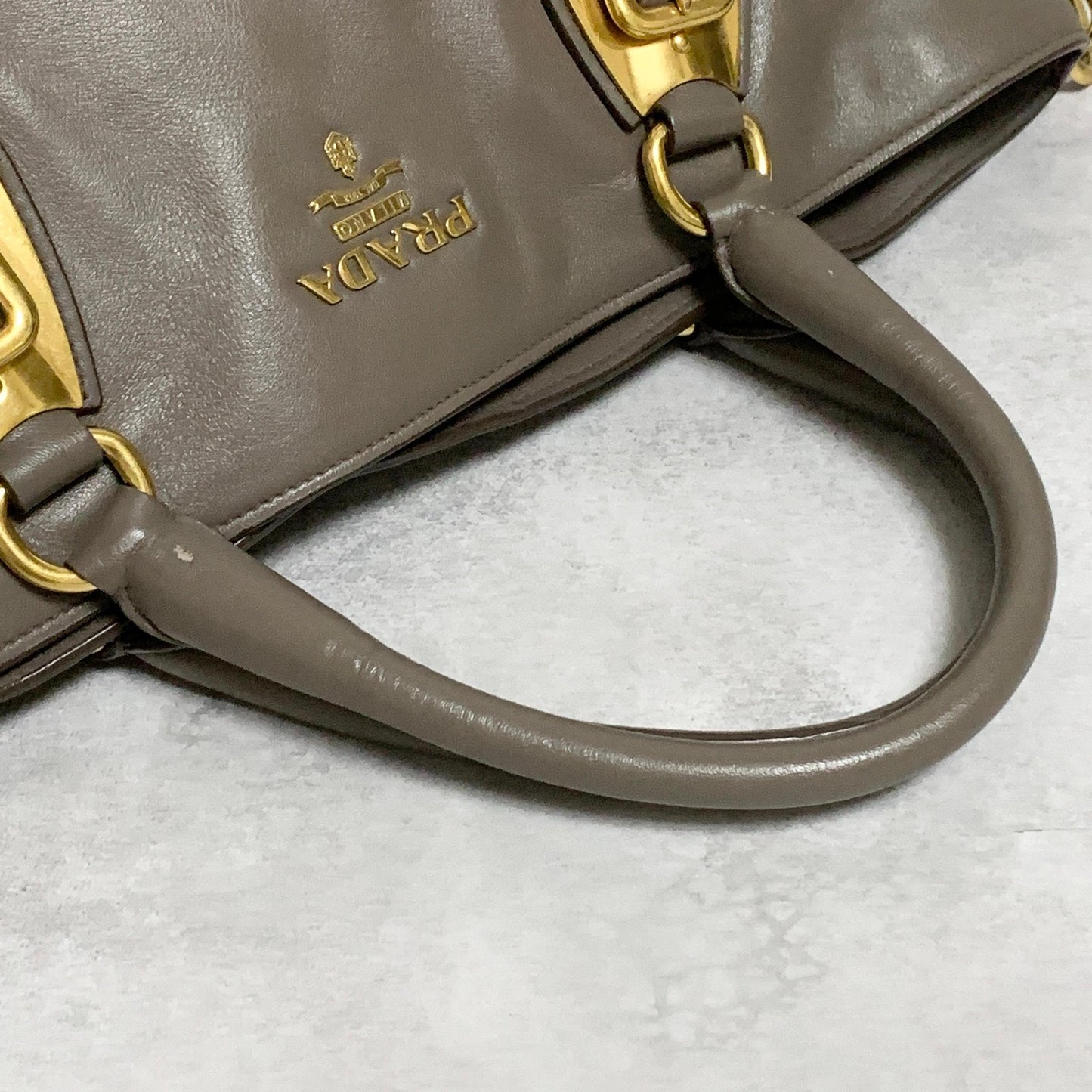 PRADA Bag Logo Shoulder Hand Tote Purse Leather Gray Gold Used Authentic