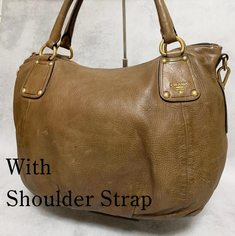 PRADA Bag convertible Shoulder Hand Tote Logo Purse Leather Brown Gold Used Auth