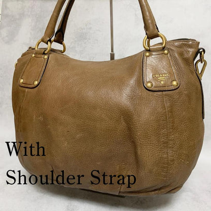 PRADA Bag convertible Shoulder Hand Tote Logo Purse Leather Brown Gold Used Auth