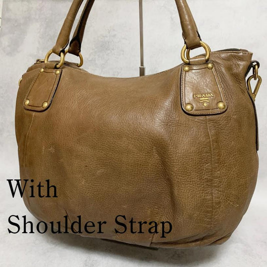 PRADA Bag convertible Shoulder Hand Tote Logo Purse Leather Brown Gold Used Auth
