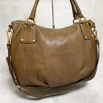 PRADA Bag convertible Shoulder Hand Tote Logo Purse Leather Brown Gold Used Auth