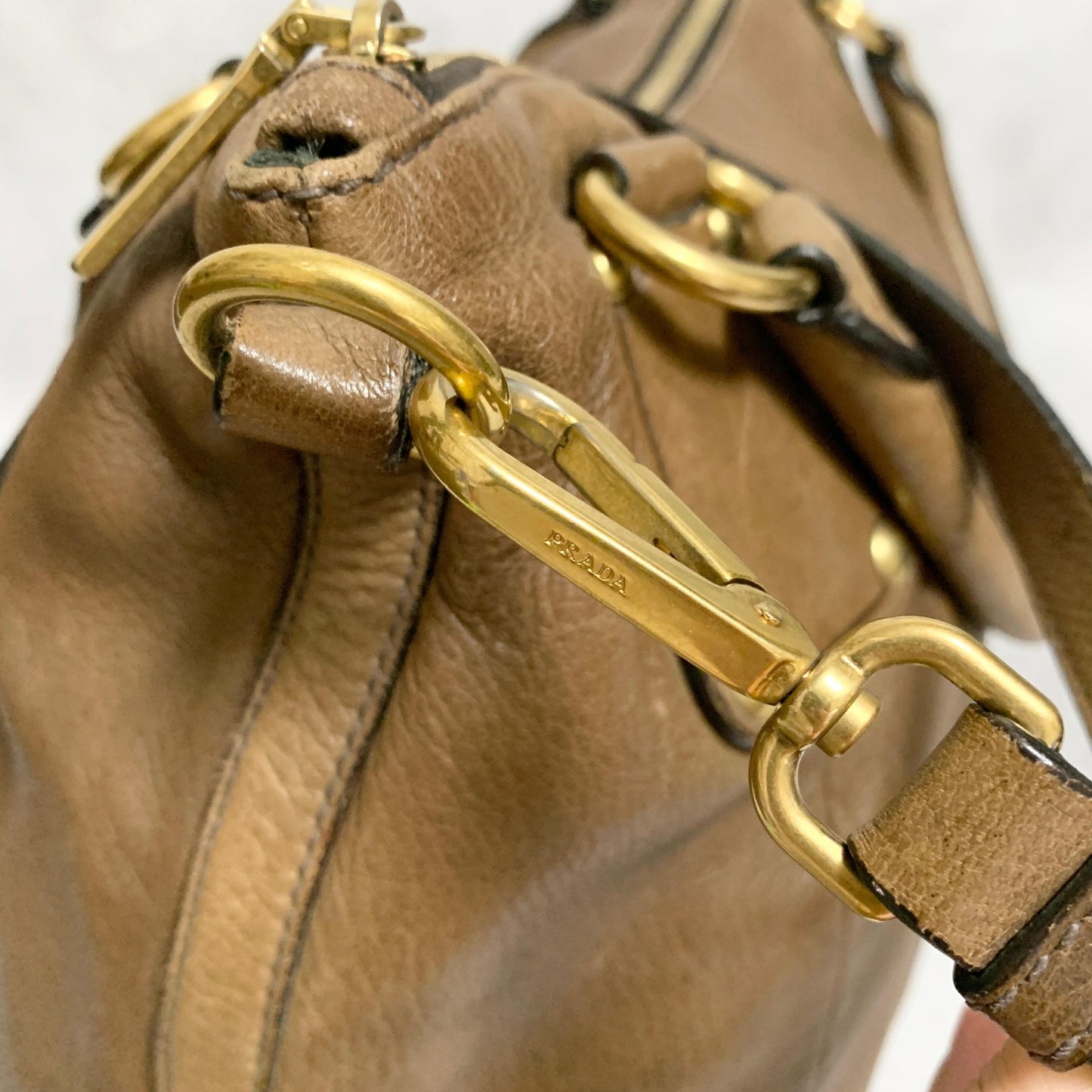 PRADA Bag convertible Shoulder Hand Tote Logo Purse Leather Brown Gold Used Auth