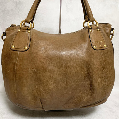 PRADA Bag convertible Shoulder Hand Tote Logo Purse Leather Brown Gold Used Auth