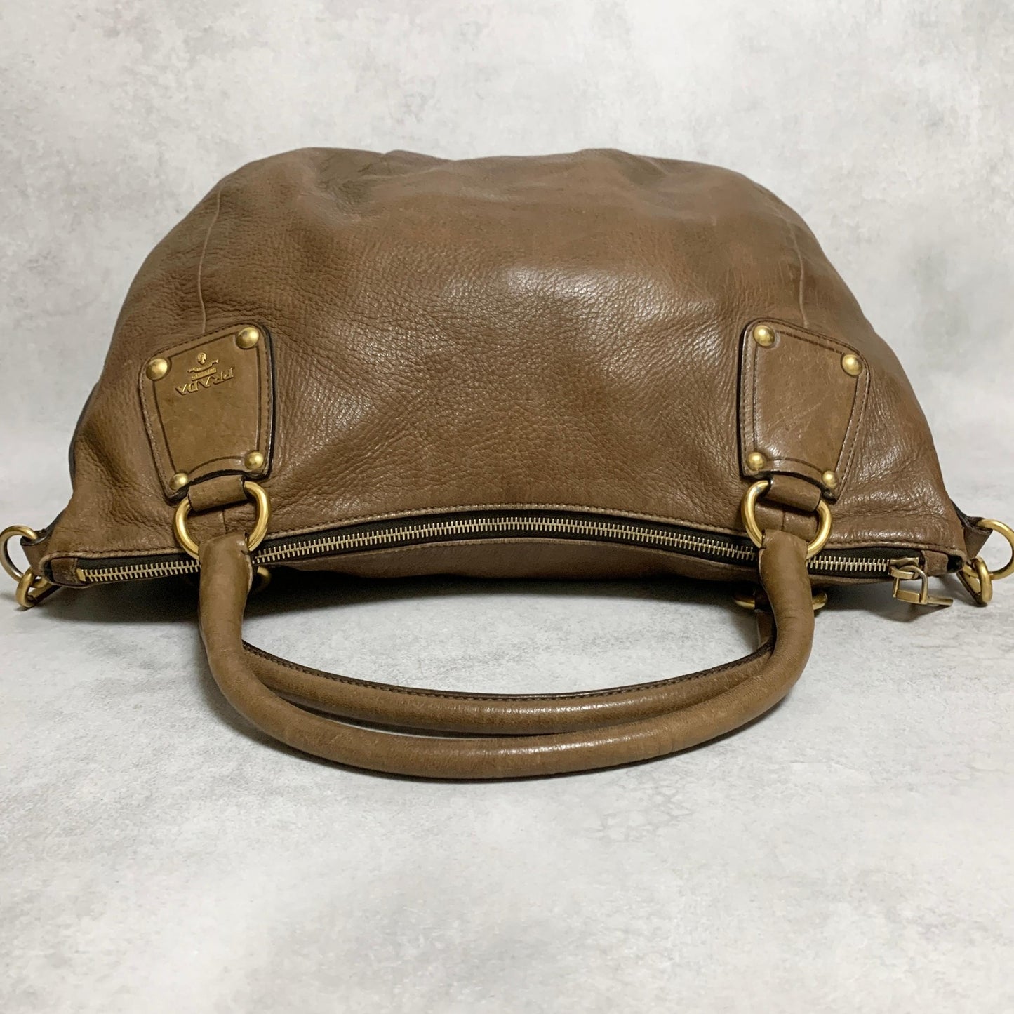 PRADA Bag convertible Shoulder Hand Tote Logo Purse Leather Brown Gold Used Auth