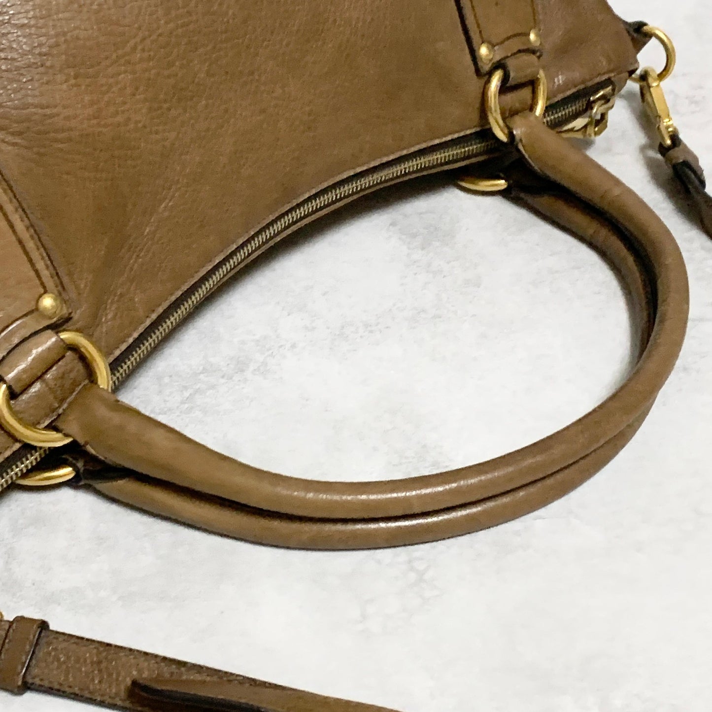 PRADA Bag convertible Shoulder Hand Tote Logo Purse Leather Brown Gold Used Auth