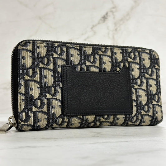 Christian Dior Wallet Oblique Round Zip Long Purse Leather Canvas Beige Black