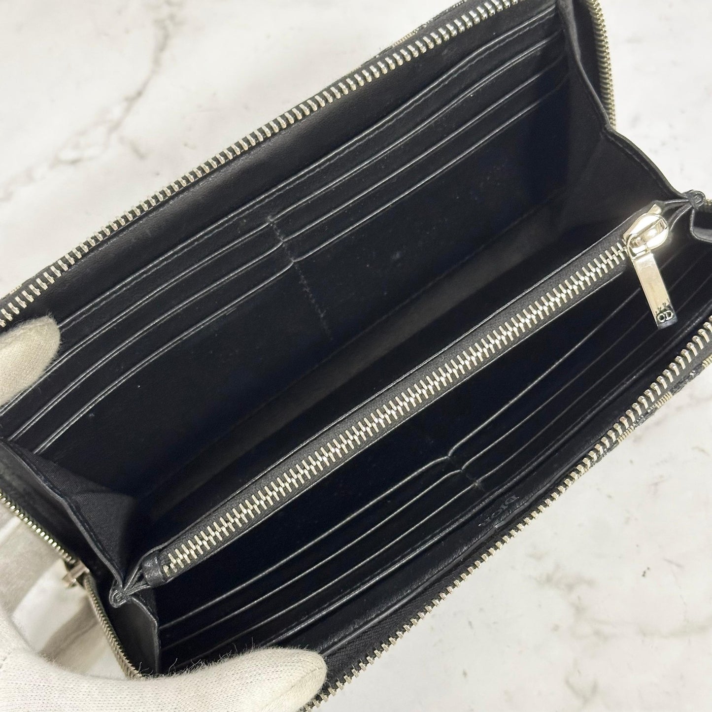 Christian Dior Wallet Oblique Round Zip Long Purse Leather Canvas Beige Black